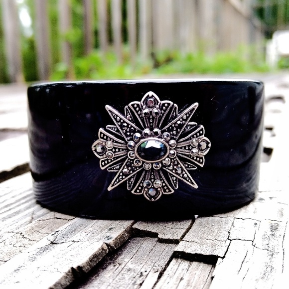 Vintage Jewelry - Vintage Black Lucite Cuff w/Marcasite Embellishments